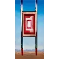 Artwork depicting concentric rectangles set against a background of a clear blue sky and distant mountains.